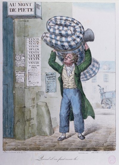 When One Has to Go..., Caricature of a Visit to the Mont de Piete Pawnbrokers by Jean Jacques Feuchere